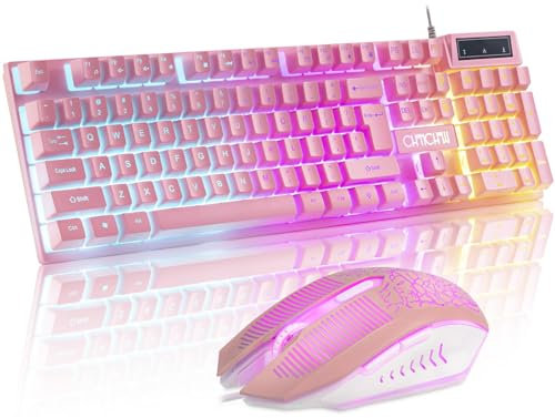 CHONCHOW Ensemble clavier et souris de jeu rose avec LED, clavier filaire lumineux 104 touches et souris colorée pour PC, ordinateur portable, PS4, Xbox, 19 touches anti-ghosting, touches multimédia