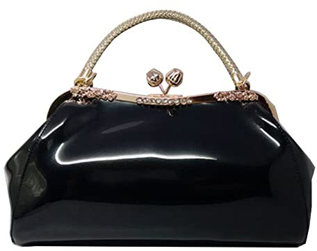 ZiMing Shiny Patent Leather Handbags Women Vintage Kiss Lock Tote Bags with Metal Top Handle Purses Evening Handbag Satchel Shoulder Bag Crossbody Bag with Long Shoulder Straps-Black