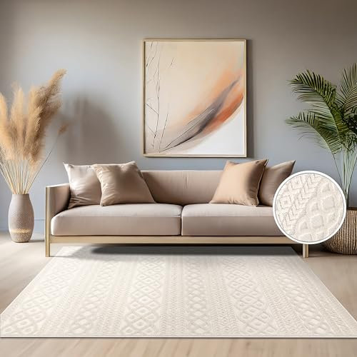 Paco Home Teppich In- & Outdoor, Moderne abstrakte Boho Designs mit 3D Struktur, robust & wetterfest, ideal für Terrasse Wohnzimmer & Küche, Grösse:160x230 cm, Farbe:Creme 4