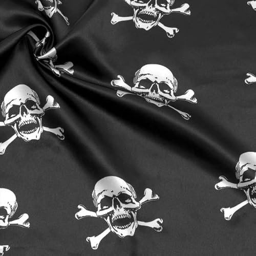 STOFFKONTOR Satin Modestoff Dekostoff Totenköpfe - Stoff glänzend - Meterware, Farbe Schwarz - zum Nähen von Bekleidung, Karneval, Dekorationen uvm.