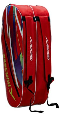 HUNDRED Debut Badminton- und Tennisschlägertasche (Rot, Größe: Groß/6 in 1) | Material: Polyester | 3 Fächer | Einfacher Tragegriff | Gepolsterte Rückentragegurte | Reißverschlusstasche vorne