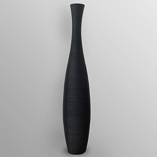 thaiboo Grand vase de sol en bois fin noir pour décoration herbe de la pampa, fleurs séchées, branches d'herbe - Vase sur pied en bois de manguier (90 cm de hauteur)