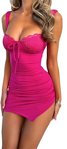 Women Y2K Lace Short Bodycon Mini Dress Summer Spaghetti Strap Trim Bandage Ruched Slit Sleeveless Party Dress for Cocktail Nightclub Beach (Rose Red, S)