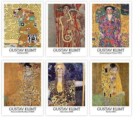 Gustav Klimt Wandkunst - The Kiss by Gustav Klimt, Lady with Fan, The Virgins, Portrait of Mrs Adele Blochbauer Portrait Decor - Frauen Malerei Coole Wanddekoration Kunstdruck Poster (20x25cm)