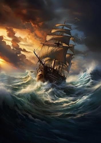 adrium Leinwand-Bild 60 x 90 cm: Das Gemälde zeigt ein orientalisches Schiff in einem stürmischen Sonnenuntergang über dem Meer. Der digitale Wind lässt die (209037620)