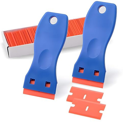 INGJIA 2Pcs Raschietti e 100 Lame in Plastica, Raschietto per Vetro, Razor Blade Spatola, Raschietto per Vignette per Adesivi in Vinile, Rimozione di Vetro, Finestre e Raschietti in Vetroceramica