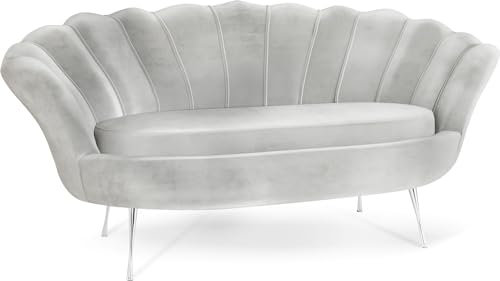 WFL GROUP Samt Muschel Sofa mit Golden oder Silber Metallbeinen - Weicher 2-Sitzer Couch für Wohnzimmer - Elegant Polstersofa Muschelform - Soft Cloud Set - Silber Beinen - Grau