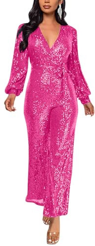 ORANDESIGNE Monopezzi e Tutine da Donna in Paillettes Pantaloni a Gamba Larga con Scollo a V Manica Lunga Monospalla Cerimonia Sera a Vita Alta Jumpsuit Elegante con Cintura A Rosa Rosso 3XL