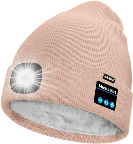 ATNKE Unisex LED Bluetooth Mütze mit Licht,Wiederaufladbare USB 4 LED Musik Redner Laufmütze Lampe Winter Warme Gefüttertes Fleece Stricken Mütze für Herren und Damen Geschenke/Skin Pink
