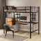 hrijusdif Hochbett, Metallbett mit Schreibtisch und Zwei Bücherregalen, mit Absturzsicherung, geeignet für Jugendliche und Kinder (Black +90x200)