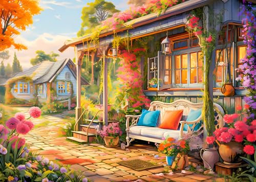 Puzzle de 1000 pièces pour adultes – Abri de jardin, porche, avec scène de campagne et cabane de fleurs