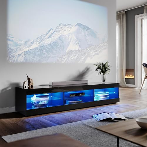 ELEGANT Black TV Unit Gloss 180cm TV Stand Cabinet with LED Lights Modern TV Entertainment Unit with 3 Open Glass Shelves and Drawers Long Design TV Cabinets for Living Room