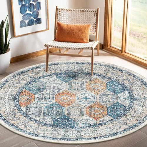 Nyescasa Teppich Rund 160 cm Vintage Boho Mandala Teppich Wohnzimmer Waschbar rutschfest Weich Kurzflor Runder Teppiche für Schlafzimmer Kinderzimmer Outdoor, Blau Orange