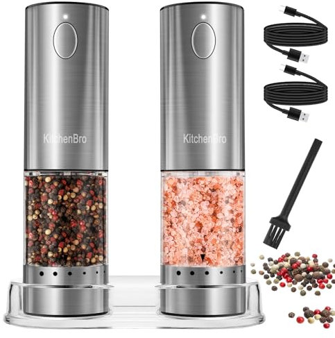 Electric Salt and Pepper Grinder Set 6 Levels Adjustable Coarseness Refillable Stainless Steel Auto Salt and Pepper Grinder Mill USB Rechargeable with Lights