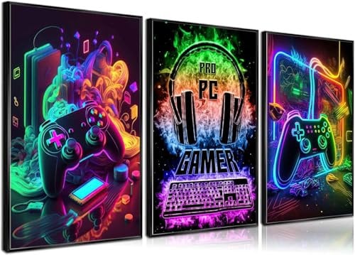 3Pcs Cool Gaming Wall Art Retro Video Gamer watercolor Posters Pictures Colorful Neon Gamepad Canvas Painting Prints for Boys Room Kids Gamer Room Bedroom for Boys Home Decoration 12x16in