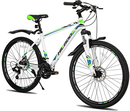 Hiland Mountainbike, Mehrspeichen, 21 Gänge Schaltung, Aluminium Rahmen 26 Zoll Laufräder, Scheibenbremse Fahrrad für Männer Frauen Herren MTB-Fahrrad Weiß