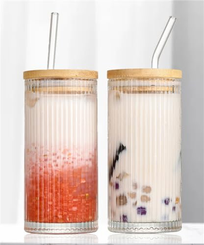 XXWZJH Bicchieri di vetro a coste da 350 ml, con coperchio e cannucce, bicchieri vintage a coste per whisky, cocktail, birra, tazze da caffè freddo, per regali carini (2 pezzi)