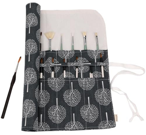 Amoyie Pliable Trousse pour Pinceaux Peinture, Toile Organiseurs pour pinceaux Acrylique, Aquarelle, Gouache et Huile, Arbre gris
