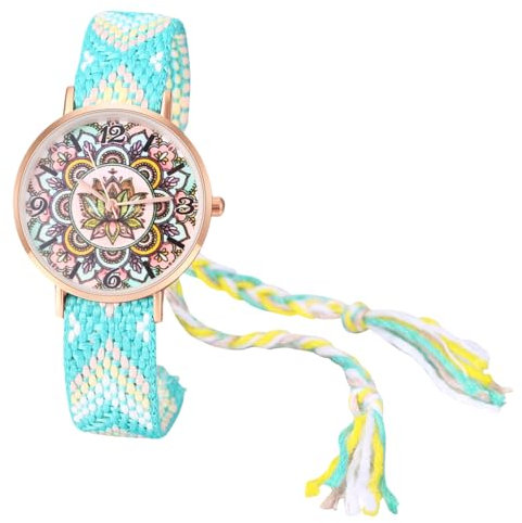 JewelryWe Damenuhr Boho Blumen Uhr: Bohemian Stil Bunt Verstellbar Geflochten Seil Armband aus Baumwolle Analog Quarz Armbanduhr Damen Lässige Uhr mit Rundem Blumendruck Zifferblatt, Grün Weiß Gelb