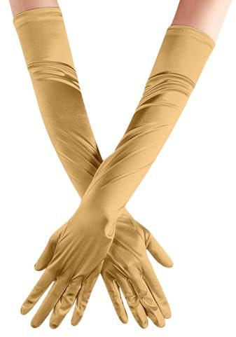 Lange Ellenbogen Satin Handschuhe Elegante Abendhandschuhe 1920s Opernhandschuhe Satinhandschuhe für Frauen Satin Classic Opera Party Hochzeit Braut Handschuhe Elastisch für Cosplay (Gold, One Size)