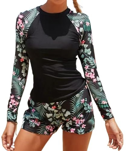 Owntop Traje de baño de 2 piezas para mujer, de manga larga con cintura alta, camiseta de natación con protección solar, chaleco de erupción, traje de baño UV UPF 50+, natación, surf, Negro, L