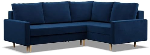 Mebligo - Ecksofa mit Schlaffunktion und Bettkasten Blank, Eckcouch mit Ottomane Rechts, Sofa L Form 226 x 175 x 92 cm, Couch mit Bonellfedern, Ecke Sofa Wohnzimmer, Schlafsofa - Marineblau