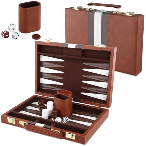 Backgammon Set 2 players, Classic Board Games with Leather Case, Portable Travel Backgammon Game Sets for Adults and Kids, Travel Board Games, Grey (11 inch, Brown)