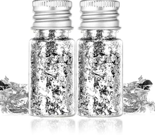 2 Flaschen Gebäck Blattgold Flocken, Dessert Goldfolie Flocken Multifunktion Blattgold Blätter Lebensmittel-Goldfolie Dekoration für Mousse-Kuchen Backen (Silber)