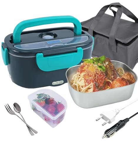 VHV Gamelle Chauffante 1,5L, 80W Lunch Box Chauffante Electrique, 12V/24V/220V, Acier Inox Lunchbox Amovible, Pour Voiture, Bureau, École, Avec Sac Isotherme Boite Repas Chauffante (Gris bleu)