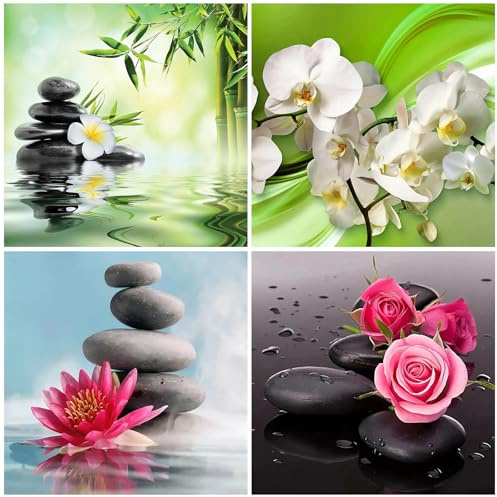 SHEGZHUC 4 Pack Diamond Painting Blumen Zen 30x30cm Diamond Painting Orchideen Lotus Rosen Diamant Painting Bilder Blumen Mosaik Diamant Malerei Kunst Stickerei Kreuzstich Bilder Geschenk Wand Dekor