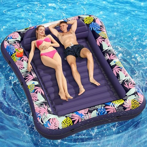 Tanning Pool Lounger Float, OKSUWATER 87 x 63 Pool Floats Adult with Headrest & Drink Holder, Blow-Up Bed Sun Tan Tub for Sunbathing, Beach, Backyard, Outdoor, Summer Water Party (Blue-XL)