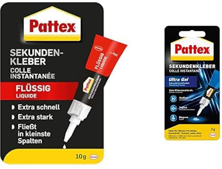 Bundle aus Pattex Sekundenkleber Flüssig, spülmaschinenfester Superkleber für viele Sofortreparaturen 2x 10g + Pattex Sekundenkleber Ultra Gel, extra starker & flexibler Superkleber 1x 3g