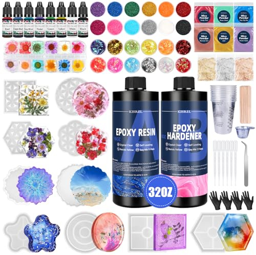 KISREL Epoxidharz-Set für Anfänger, 900 ml, Harz-Set mit Untersetzer-Formen, komplettes Zubehör enthält Pigment, Glimmerpulver, getrocknete Blumen, Glitzer, Messbecher und andere Harzprodukte