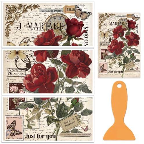 OLYCRAFT 3 Stück/Set Vintage Rose Rub On Transfers Für Möbel Und Kunsthandwerk 30x15cm Briefkopf Möbelaufkleber Dekor Schmetterlings Möbel Transferaufkleber Für Holzmöbel Dekor Scrapbooking