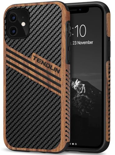 TENDLIN Kompatibel mit iPhone 11 Hülle Holz und Carbon Textur Design Leder Hybrid Handyhülle (DREI Streifen)