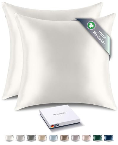 RENESSY Kissenhüllen aus 100% Bio-Seide 40x40 cm (2-Pack) - 22 Momme Maulbeerseide, Güteklasse 6A, Oeko-Tex zert. in Deutschland - Luxus für Haar und Haut (Naturseide Off-White)
