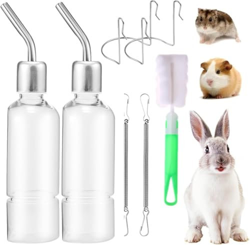 Trinkflasche Kaninchen, Hamster Meerschweinchen Trinkflasche, Hasentränke, Nagertränke, Hängend Automatische Haustier Wasserspender Kleintiertränke Stehend mit Halterung, Bürste enthalten
