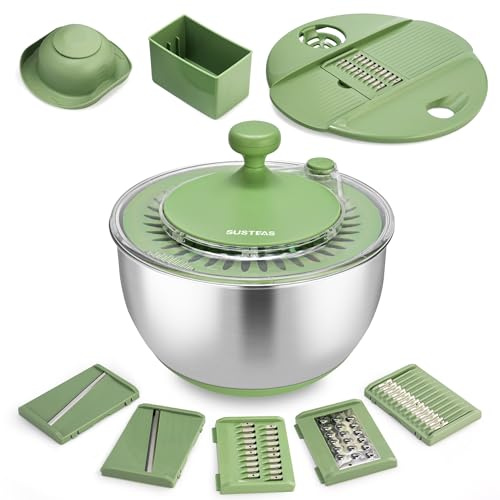 SUSTEAS Stainless Steel Salad Spinner, Lettuce Spinner with 5 Blade Slicer | Vegetables Wash Bowl, Fruits & Herb Lettuce Dryer with Egg Yolk Strainer for Efficient Salad Preparation and Food Washing