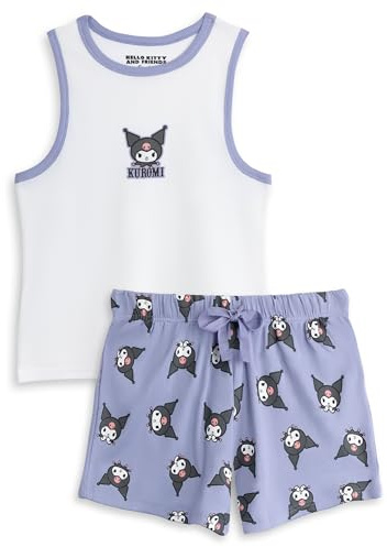 Hello Kitty Kuromi Pyjama-Set aus weißem und lavendelfarbenem Unterhemd und Shorts für Damen | Ärmellose Nachtwäsche mit Charakter-Print | Sanrio-Cartoon-Nachtwäsche | Bequeme Loungewear für Damen