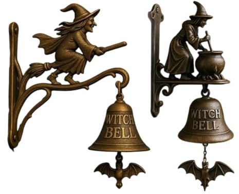 Vintage Witch Doorbell,Cast Iron Halloween Door Hanger With Halloween Witch On Broom, Outdoor Decorative For Porch, Garden, Front Door, Witchs Decor And Everyday Decoration (A+B)