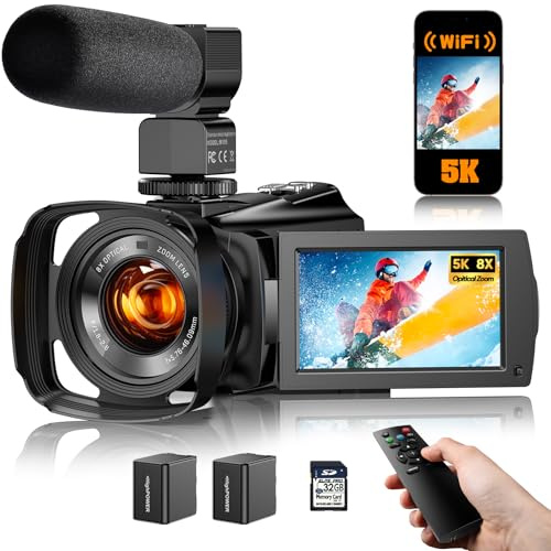 Videocamera 5K Videocamera Zoom Opitico 8X Telecamere Live Streaming Telecamere 64MP Vlogging per Youtube con visione notturna a colori, WiFi 3.6 '' IPS Touchscreen 270 ° Scheda da 32 GB Autofocus