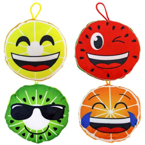 BEMIRO Plüschkissen Obst-Emoji Set, 4 Mini Deko Kissen mit Schlaufe, Wassermelone Zitrone Orange Kiwi Design, 12 cm Durchmesser, Weicher Polyester, Kinderzimmer Dekoration