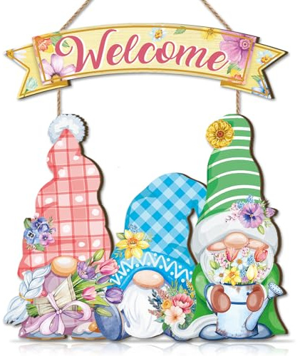 CHDITB 2pcs Spring Welcome Sign Front Door,Gnomes Garden Decoraions Spring,Colorful Flower Gnome Wood Door Hanger,Vintage Floral Welcome Front Door Wreath for Outdoor Front Door Porch Garden Gate