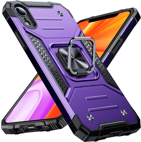Anqrp Heavy Duty Case for iPhone XR Case with Enhanced Ring Holder Grip Stand, Military Grade Shockproof Rugged Drop Protective Silicone Hard iPhone XR Phone Case Cover, Purple