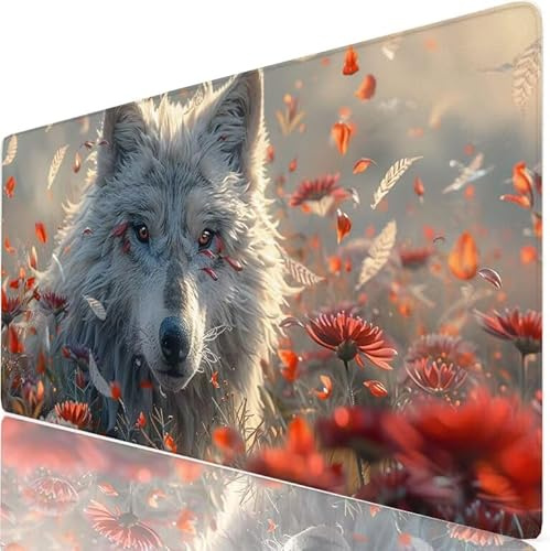 Mouse Pad Gaming Mouse Pad White Desk Mat Large 1000 x 500 x 3mm XXL Mousemat Wolf Long Computer Keyboard Mousepad with Anti-Slip Base, Stitched Edge Desk Pad for Office Accessories, PC Gaming H0-96
