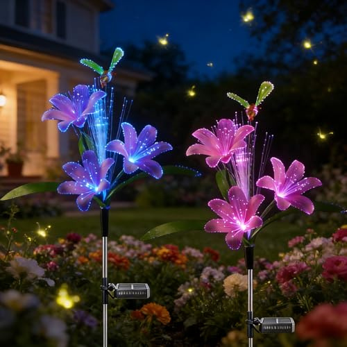 Solarlampen für Außen Garten Solarfiser-Lilie Gartenluchte,2 Stück Solarleuchten Garten mit Farbig LED,IP65 Wasserdicht Solar Garten Beleuchtung für Gartenstecker Balkon Terrasse Blumentopf Weg (Lila)