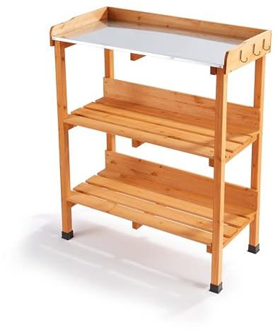 GARDEN TIME Wooden Potting Table with Galvanised Metal Worktop – 3 Tier Garden Workbench with Storage Shelves & Tool Hooks – Outdoor Planting Bench for Patio, Greenhouse & Gardening