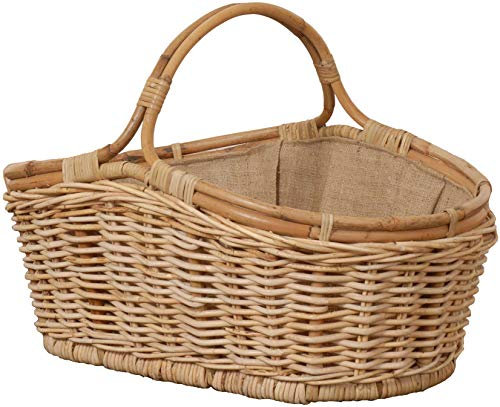 Tragekorb Holzkorb mit Griff Kaminholzkorb zum Tragen Brennholz Korb Träger aus Rattan mit Jute Stoff (Groß, Hell Natur)