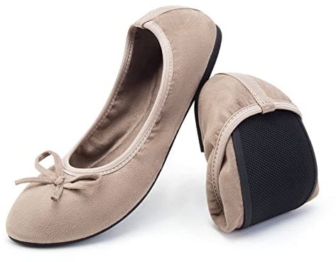 Greatonu Women's Ballet Pumps Comfort Foldable Portable Travel Slip on Slipper Bow Tie Flats Shoes Beige 6 UK