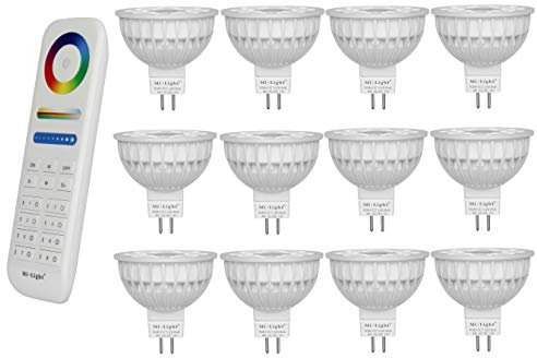 lighteu®, 12x 4W 12V GU5.3 MR16 RGB + CCT LED-Strahler Farbwechsel und CCT WW CW Temperatur einstellbar, original Mi-Light, Glühlampe mit 8-Zonen-Fernbedienung (12x FUT104 + FUT089)